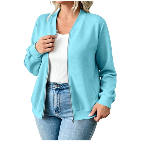 WRFWUL Womens Zip Up Sweatshirt No Hood Plain Comfort Open Front Outerwear Casual Fall Basic Sweatshirt Coat