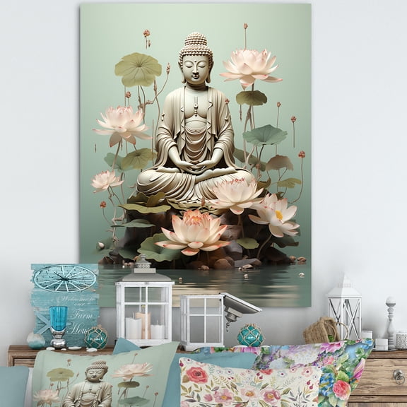 Designart "Serenity of Buddha on a Lotus Throne" Spiritual Canvas Wall Art - Global Green Buddhism Entryway Wall Art