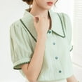 thumbnail image 6 of Stylish Olyvenn Puff Short Sleeve Cotton Linen Blouse for Women's Collared Summer Fashion Casual Work Button Down Shirt Tops Green M, 6 of 9