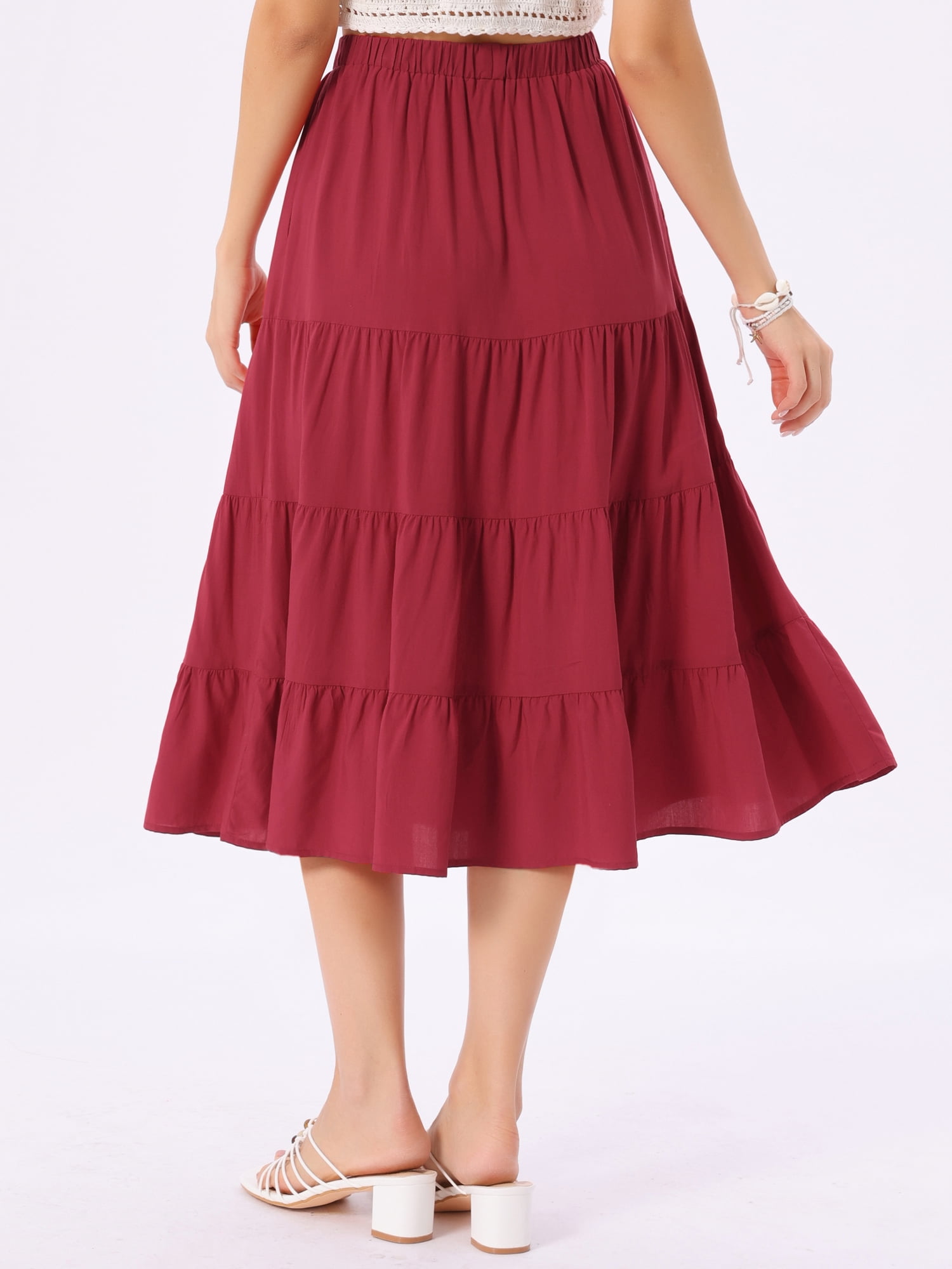 DARING DIVA Women's Flare Tiered Pleated Solid Elastic Waist A-Line Skirt M Red