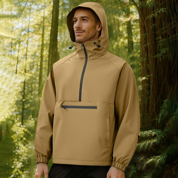 Donemore Men's Solid Color Long Sleeve Half-Zip Water-Resistant Windbreaker Jacket Outdoor Windproof Warm Coat Minimalist Functional Design Urban Casual Hiking Men's Apparel