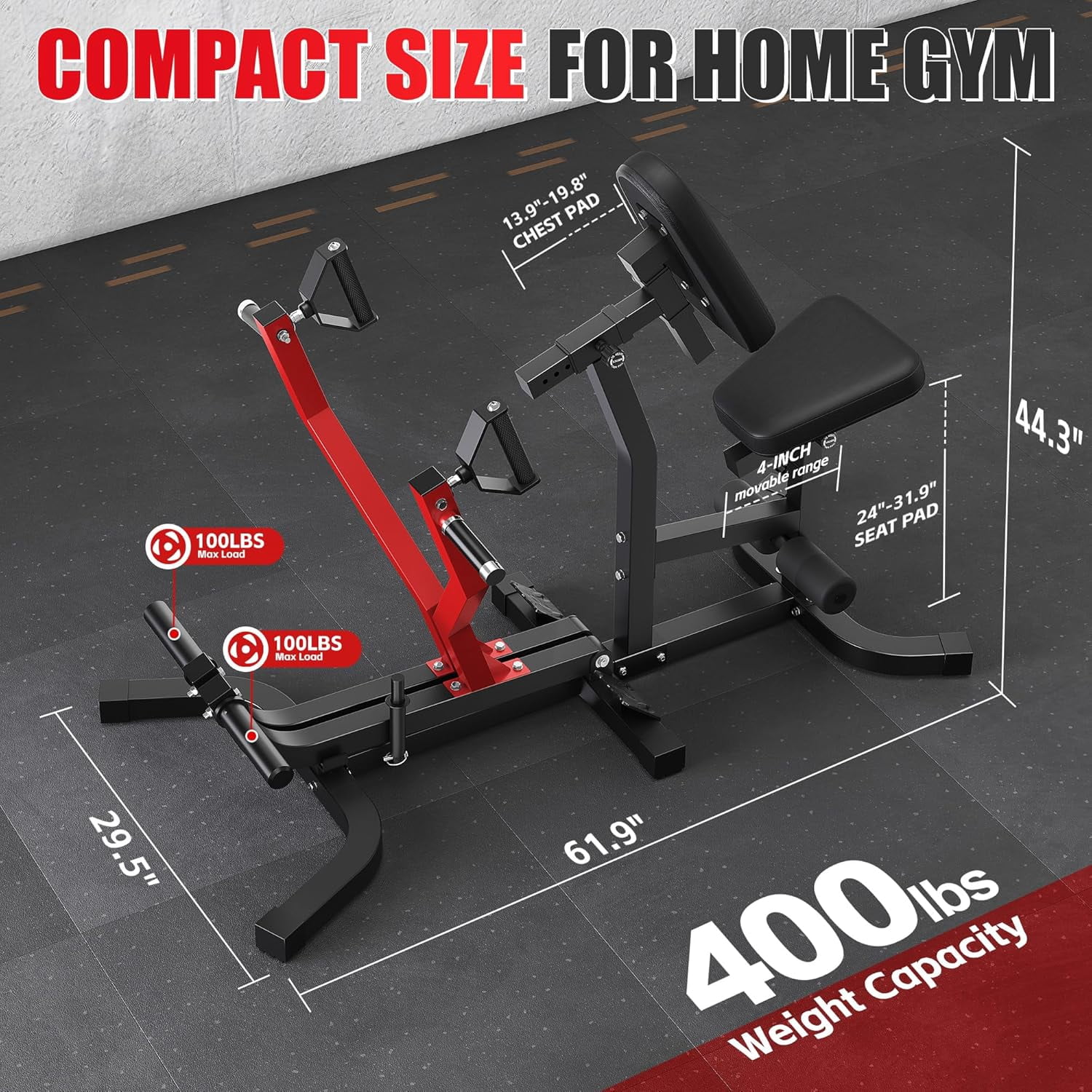 400LBS Plate Loaded Seated Row Machine, Chest Supported T-bar Row Machine, Independent Arms Back Exercising Equipment, Home Gym Strength Training Machine