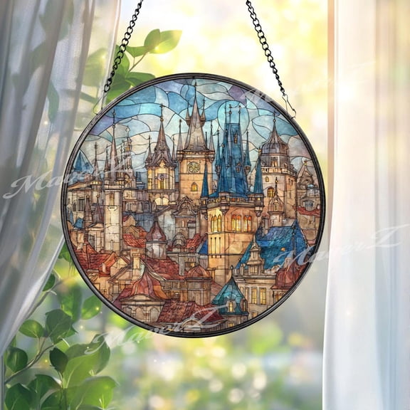 City Skyline Glass Suncatcher, Gothic Tower Window Art, Vintage Europe Urban Wall Accent, 7.9 in
