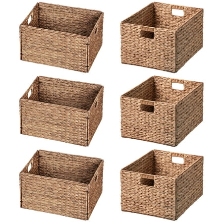 eHemco Rectangular Water Hyacinth Wicker Storage Baskets with Iron Wire Frame 16.1 x12.6 x9.5 Light Brown Set of 6