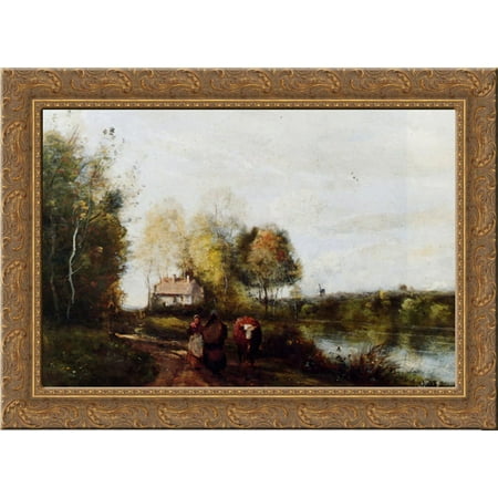 Une route au bord de leau 24x19 Gold Ornate Wood Framed Canvas Art by Corot, Jean Baptiste Camille