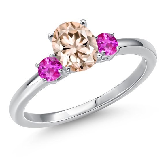 Gem Stone King 14K White Gold Peach Morganite and Pink Sapphire Engagement Ring for Women | 0.92 Cttw | Oval 7X5MM | Gemstone October Birthstone | Size 7