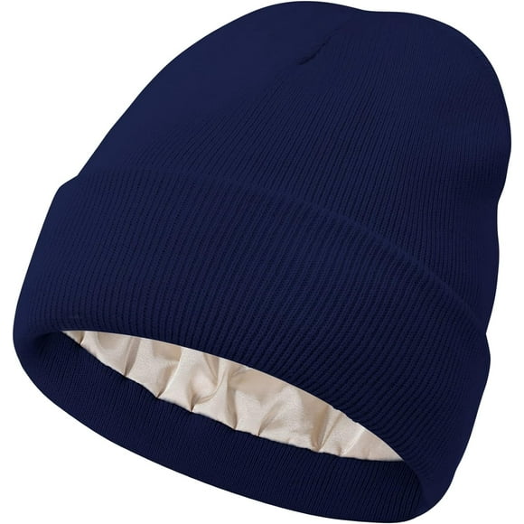 Women Satin Lined Knit Beanie Hat Winter Hats for Women Men Silk Lining Soft Slouchy Warm Cuffed Beanie Hat (Navy Blue)
