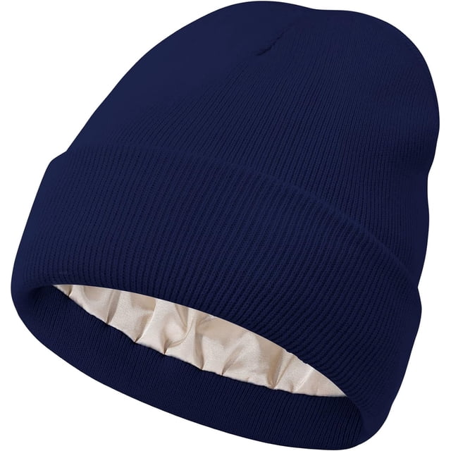 Gorro de punto con forro de satén para mujer, gorro de invierno para hombre, con forro de seda, suave, holgado y cálido, con puños (azul marino)