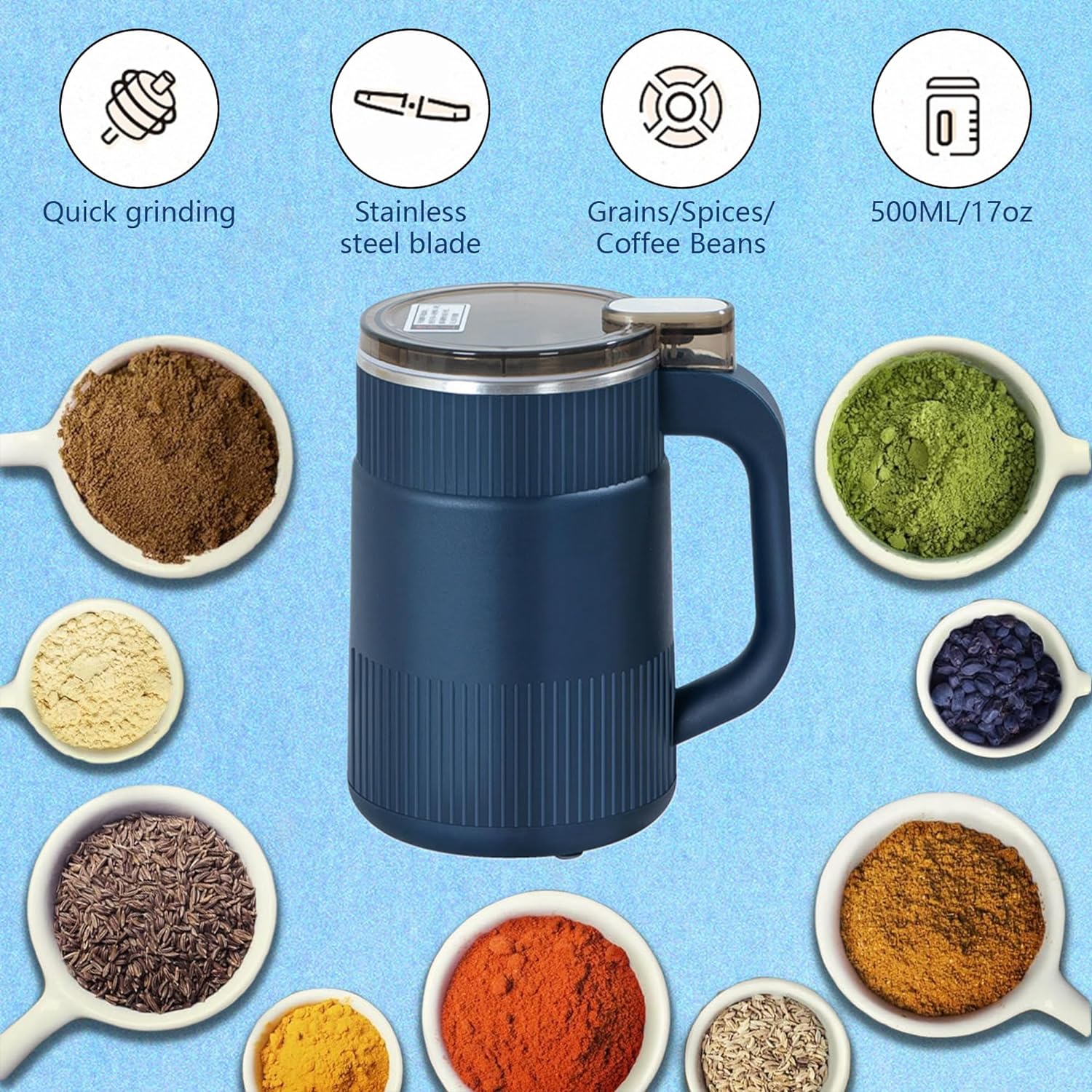 Coffee Grinder Electric for Home Use: Small Spice Grinder Electric Fine Powder,Multifunctional Coffee Bean Grinder Fine Grinding,Pet Food Grinder,110V,500ML/17oz (Blue)
