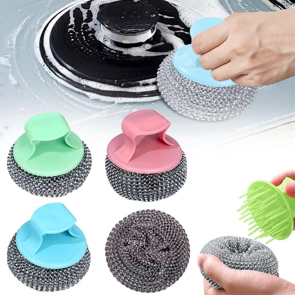 RotHome Steel Wool Scrubber Pads with Handle, Heavy Duty Stainless Steel Cleaning Scourer for Dishes, Cast Iron, Pots and Pans, Stove Grates, Grill Rack, Kitchen Sink, 1 Pack