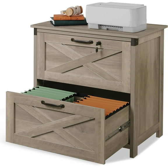Hyxoo 2 Drawer Farmhouse File Cabinet with Lock, Lateral Filing Cabinet for Letter/Legal/A4 Size, Wood Printer Stand for Home Office, Gray Oak