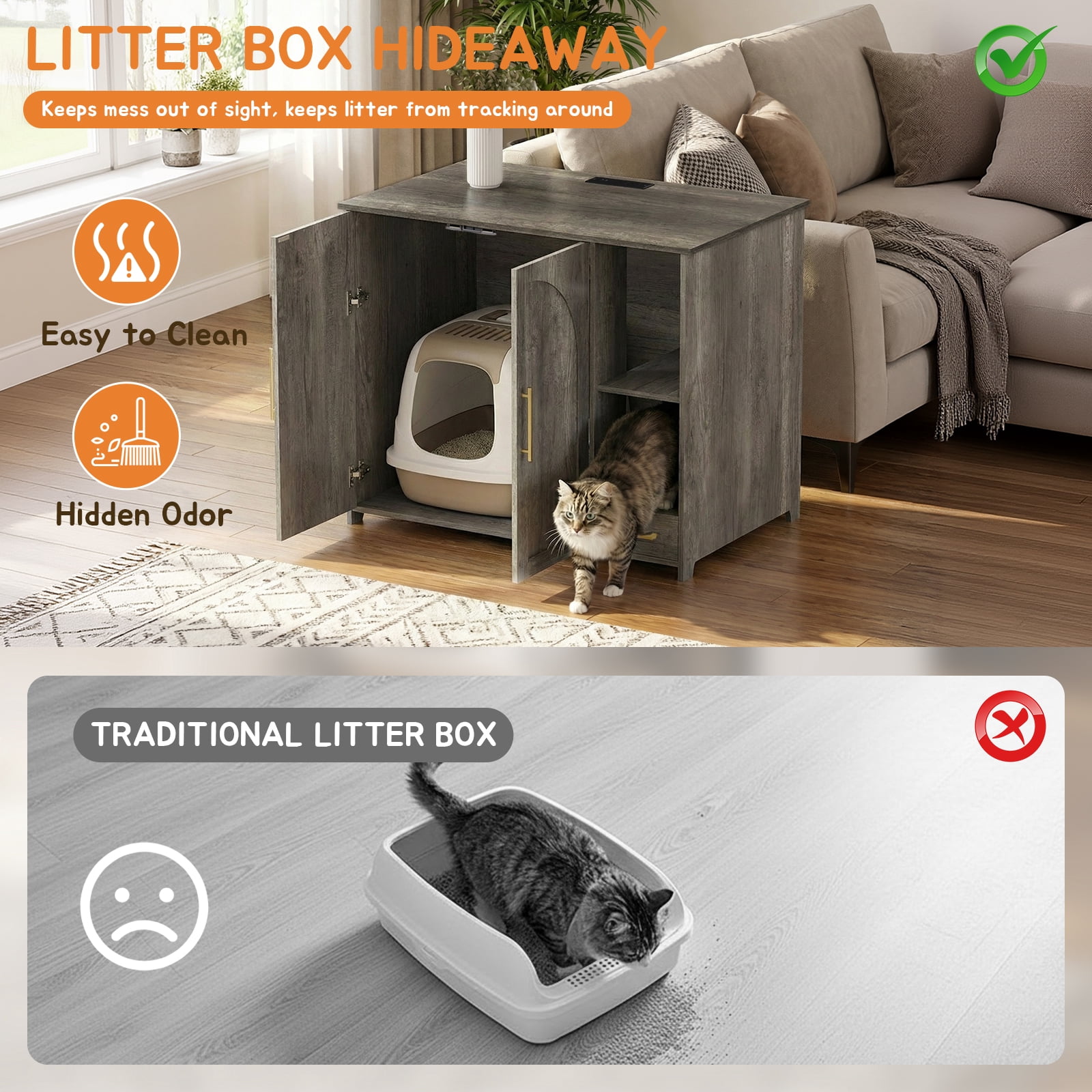 ZephyPaws Hidden Cat Litter Box Enclosure Furniture with Power Strip,Extra Large Interior Compatible with Litter-Robot 3/4 & Self-Cleaning Litter Boxes,Pull-Out Litter Collector,Grey