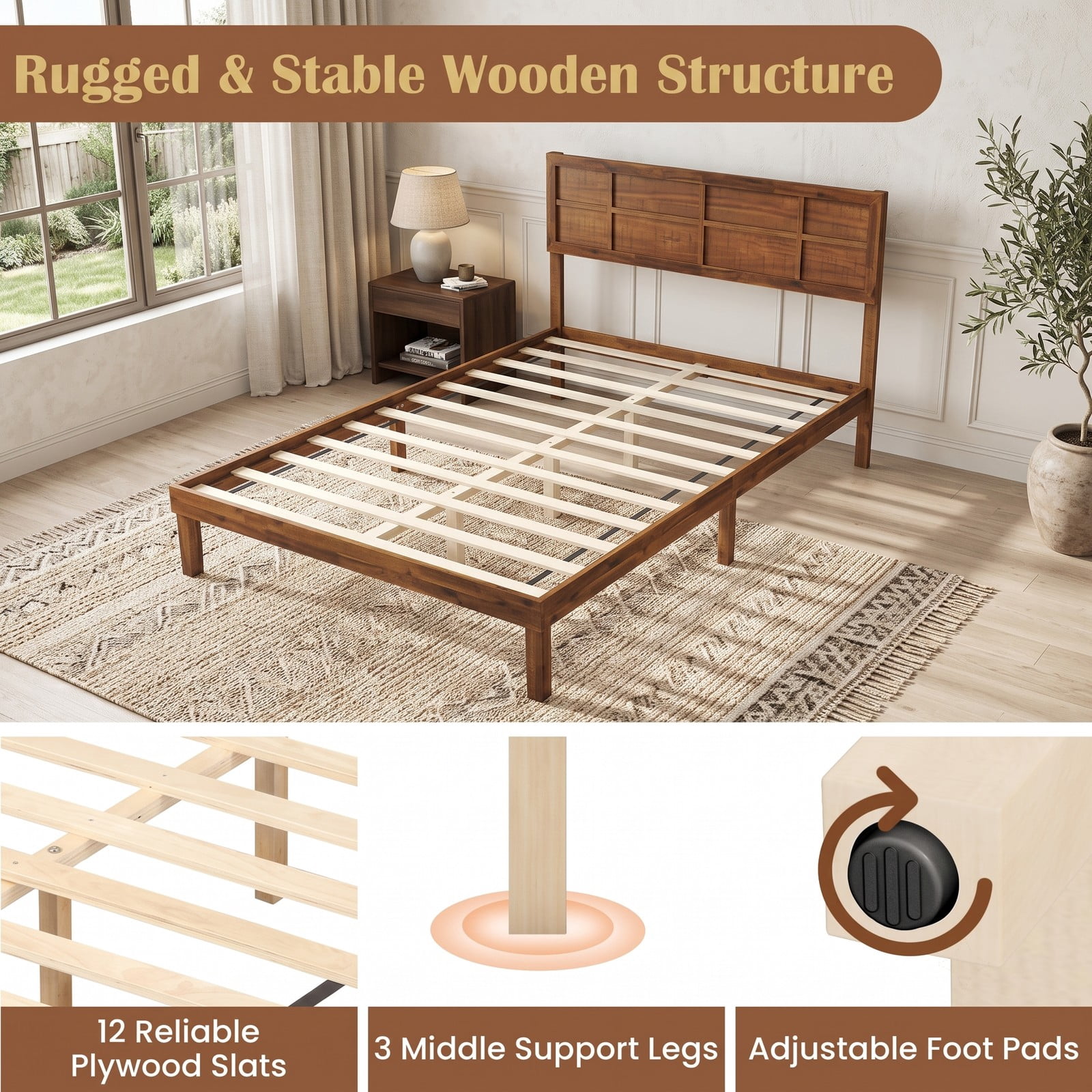 Furnibear Queen Bed Frame with Headboard, Wood Platform Bed Frame with High Panel Headboard and Wooden Slat Support for Bedroom, Walnut