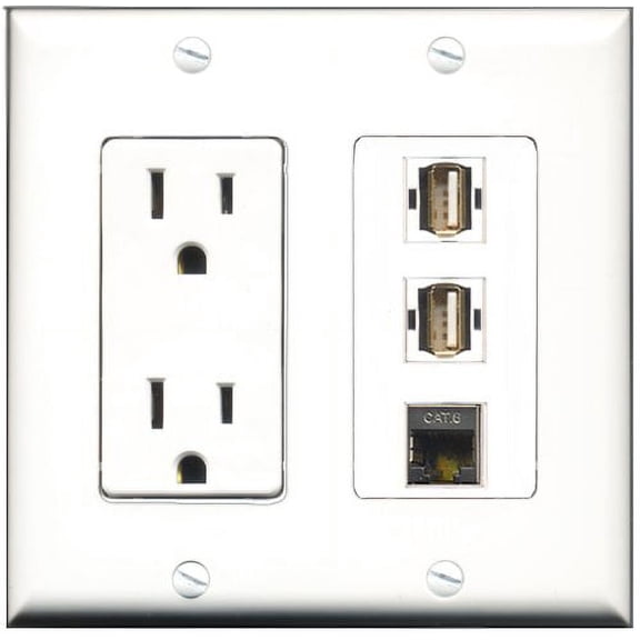 RiteAV - 15 Amp Power Outlet 2 Port USB A-A 1 Port Shielded Cat6 Ethernet Ethernet Decorative Wall Plate