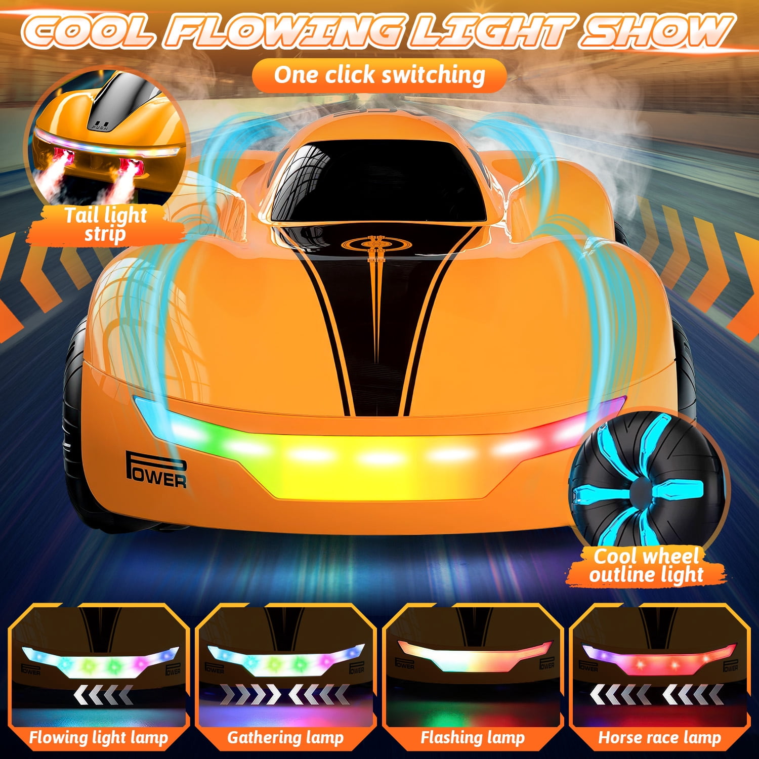 Huge Wave RC Cars for Aged 4-12 Boys , Rechargeable Remote Control Stunt Car, 360° Rotate, Cool Light & Dual Spray, Christmas Birthday Toy Gifts for Kids, Orange