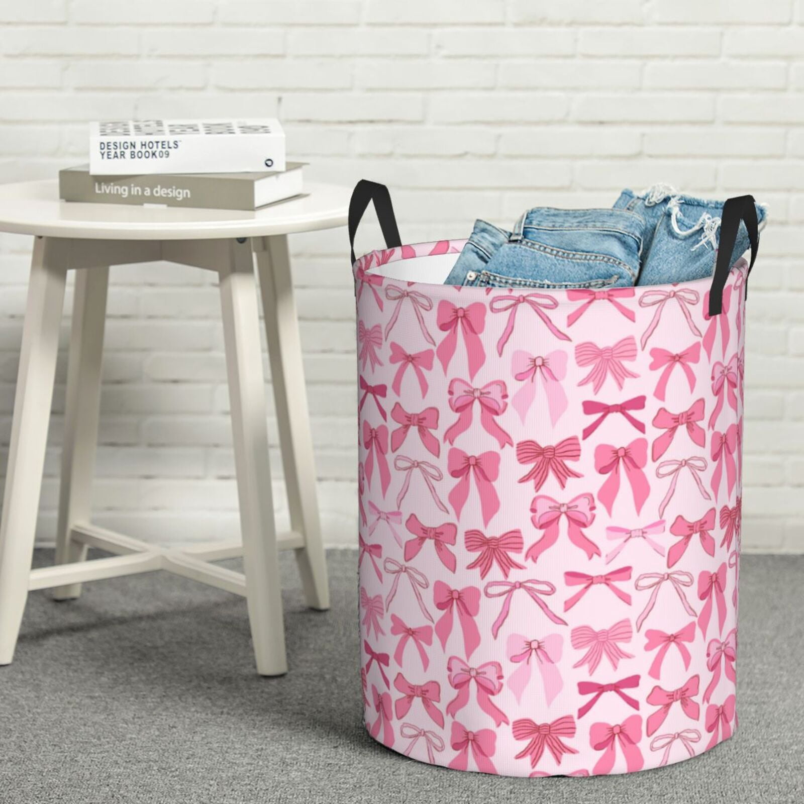 Xecao Pink bows Print Laundry Hamper Basket,designed for Blanket Storage and Nursery Clothes in the Bedroom-