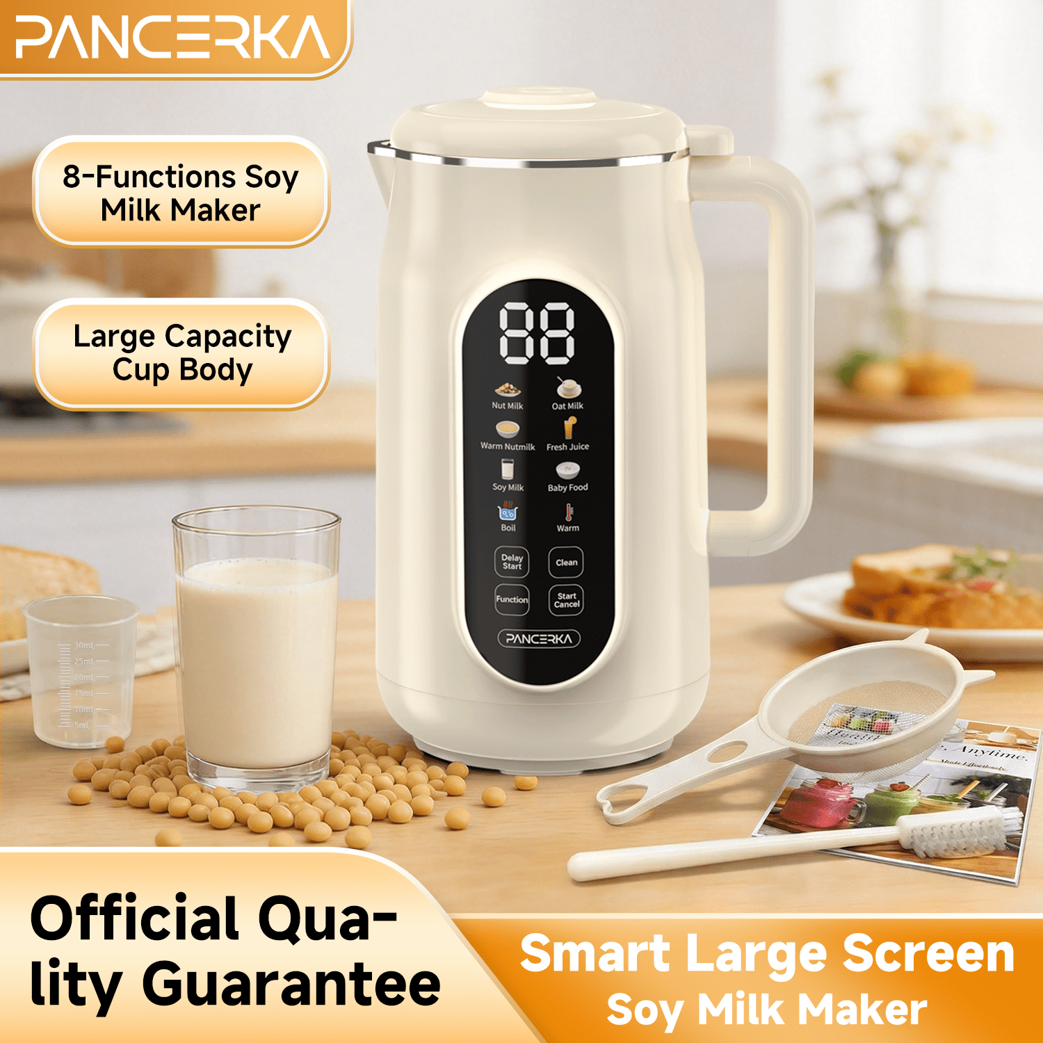 PANCERKA 8 in 1 Nut Milk Maker Machine, 42oz Almond Milk Maker, Soy Milk Maker with Self-Cleaning, Delay Start, Keep Warm, Boil Water, Automatic Plant-Based Milk Blender for Soybean, Oat, Coconut