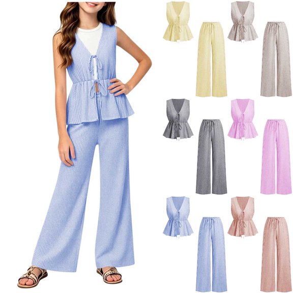 Girls Summer Outfits Striped Sleeveless Tie Front Peplum Top & Casual Wide Leg Pants 2 Piece Cute Matching Clothes Set Yellow 15-16 Years