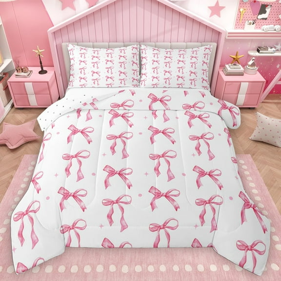 Homewish Cartoon Ribbon Bow Knot Bedding Comforter Set 2pcs for Kids Children Teens,Dreamy Princess Twin Comforter Sets Microfiber,Kawaii Stars Bowtie Breathable Bedding Set,Luxury Bedroom Decor