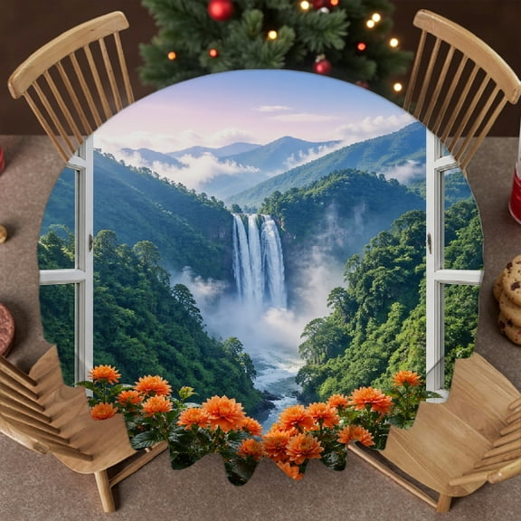 RKSupls Window Waterfall Flowers 60-Inch Round Tablecloth for Dining Table, 2D Flat Printing  Soft Family Round Table Cover , Idea for Home Dining, Banquets