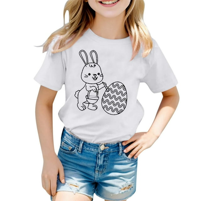 NINGMENG Hauts et T-Shirts pour Filles, Imprimé Lapin de Pâques, Col Rond, Manches Courtes, Blanc, 10-11 Ans