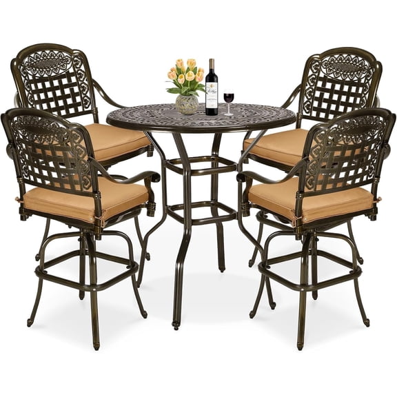 MEETWARM 5-Piece Patio Swivel Bar Stools Set, All Weather Cast Aluminum Outdoor Bar Height Bistro Set with 4 Cushioned Bar Chairs & 38.5" High Bar Table with Umbrella Hole for Backyard, Lawn, Garden