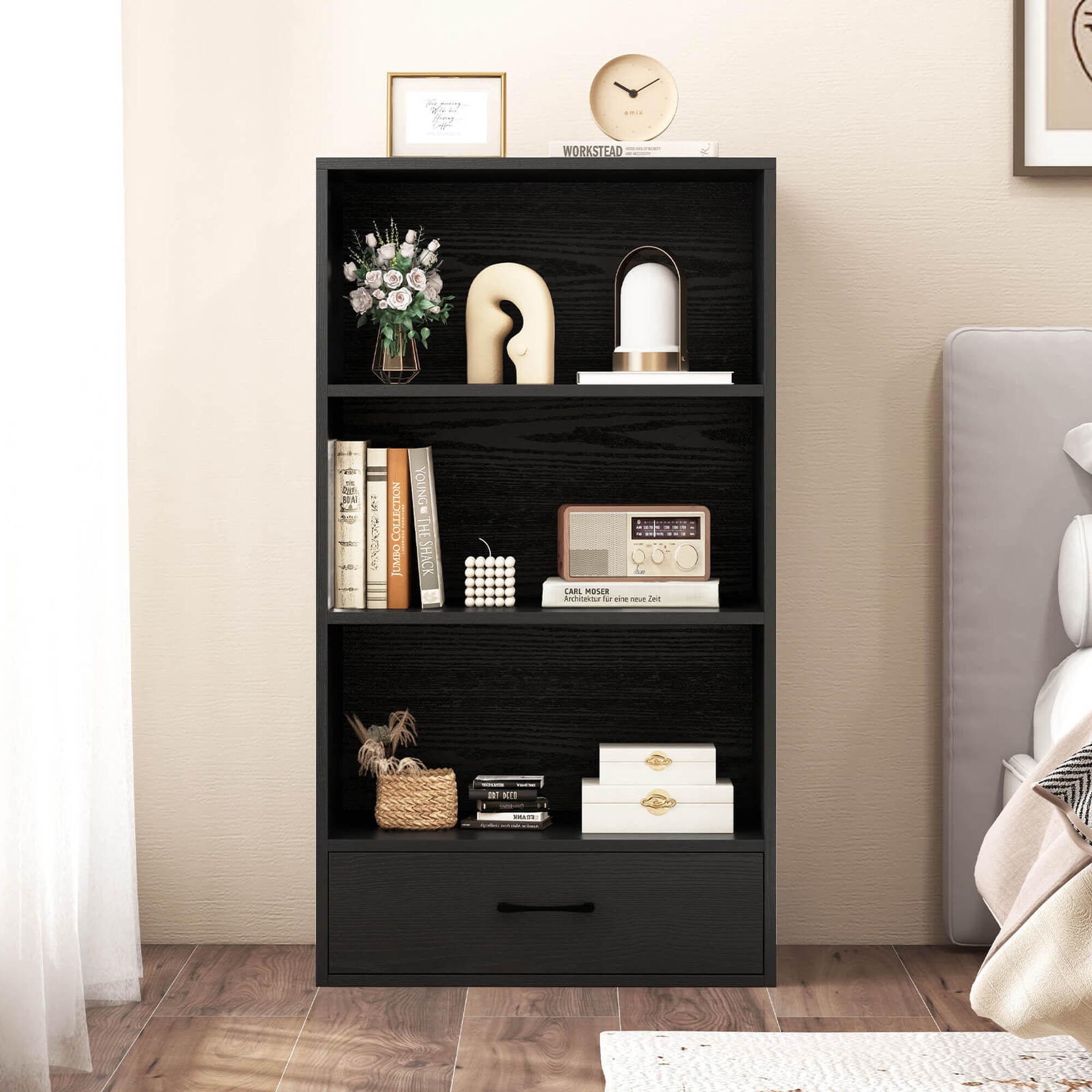 Costway 42'' Tall 4-tier Storage Shelf Wood Bookcase with Drawer Home Organizer Display Rack Black