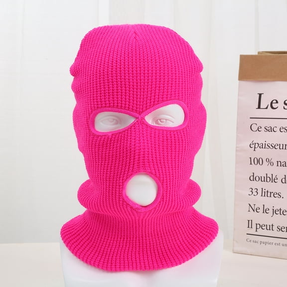 3 Holes Ski Mask Full Face Cover Outdoor Winter Knitted Neck Gaiter for Halloween Sports Cycling-deep pink