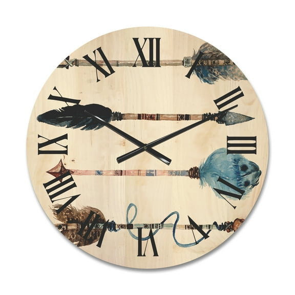 Designart 'Flowers and Ethnic Feathers On Native Arrows IV' Bohemian & Eclectic Wood Wall Clock