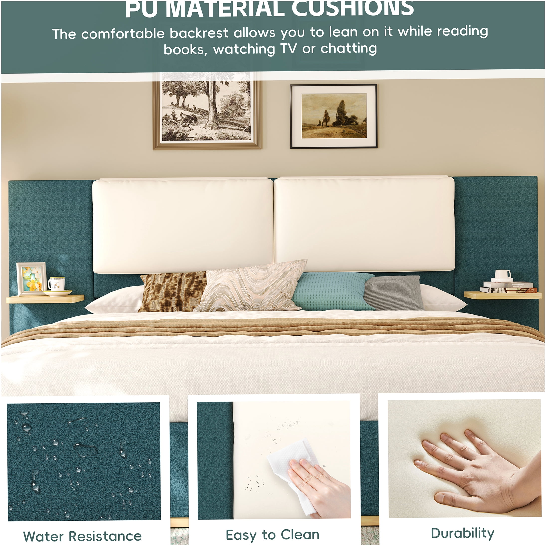 Green Upholstered Queen Bed Frame with Storage Shelves and Headboard