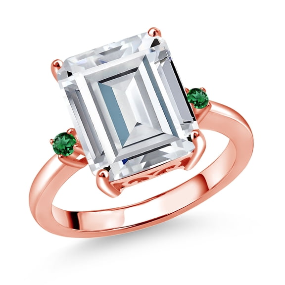 Gem Stone King 18K Rose Gold Plated Silver Green Nano Emerald Ring Set with Moissanite (7.43 Cttw) (Size 6)