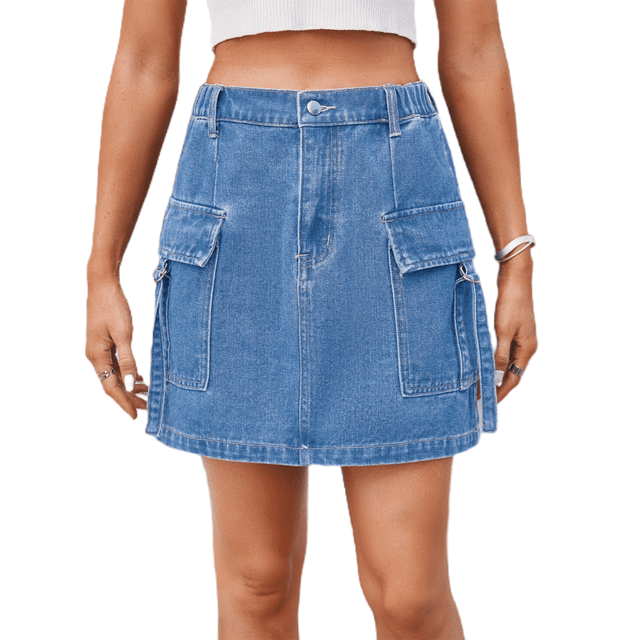 LYMAYTER Jupe Courte Mini Décontractée pour Femme Poches Cargo Taille Extensible Jupe en Jean P-2TG