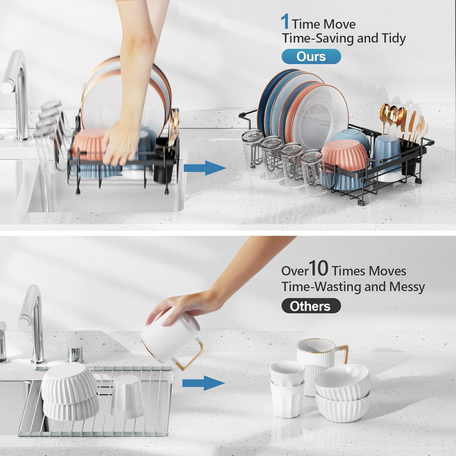 iSPECLE in Sink Dish Drying Rack - Expandable Over Sink Dish Rack with Cup Holder, Dish Drainer for Kitchen Counter with Utensil Holder Large Capacity, Fit 12.4"-18.7" Sink, Black