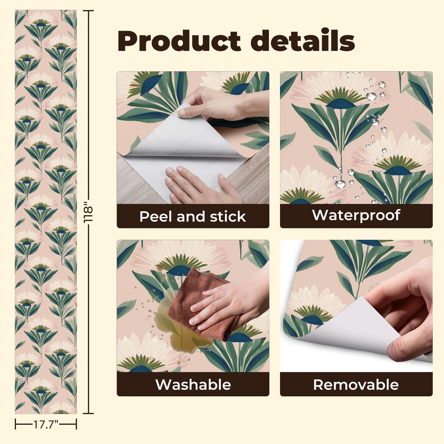 Vintage Peel and Stick Wallpaper Floral White Daisies Green Leaves Soft Pink Wall Mural 17.7in x 9.8ft Self Adhesive Removable Wall Paper Renter Friendly Wallpaper for Nursery Bedroom Cabinets