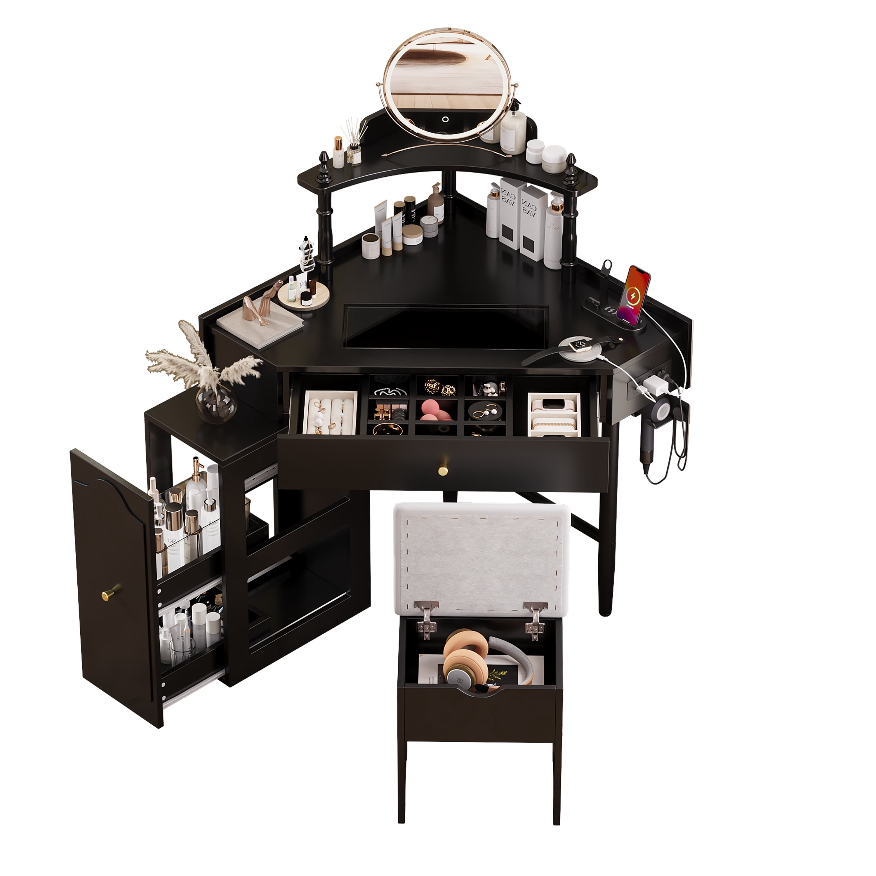 Euroco Corner Vanity Desk Set with Storage Cushioned Stool and Charging Station, Triangle Makeup Desk with Removable Pull-Out Side Cabinet, Glass Tabletop Makeup Vanity Desk,Black