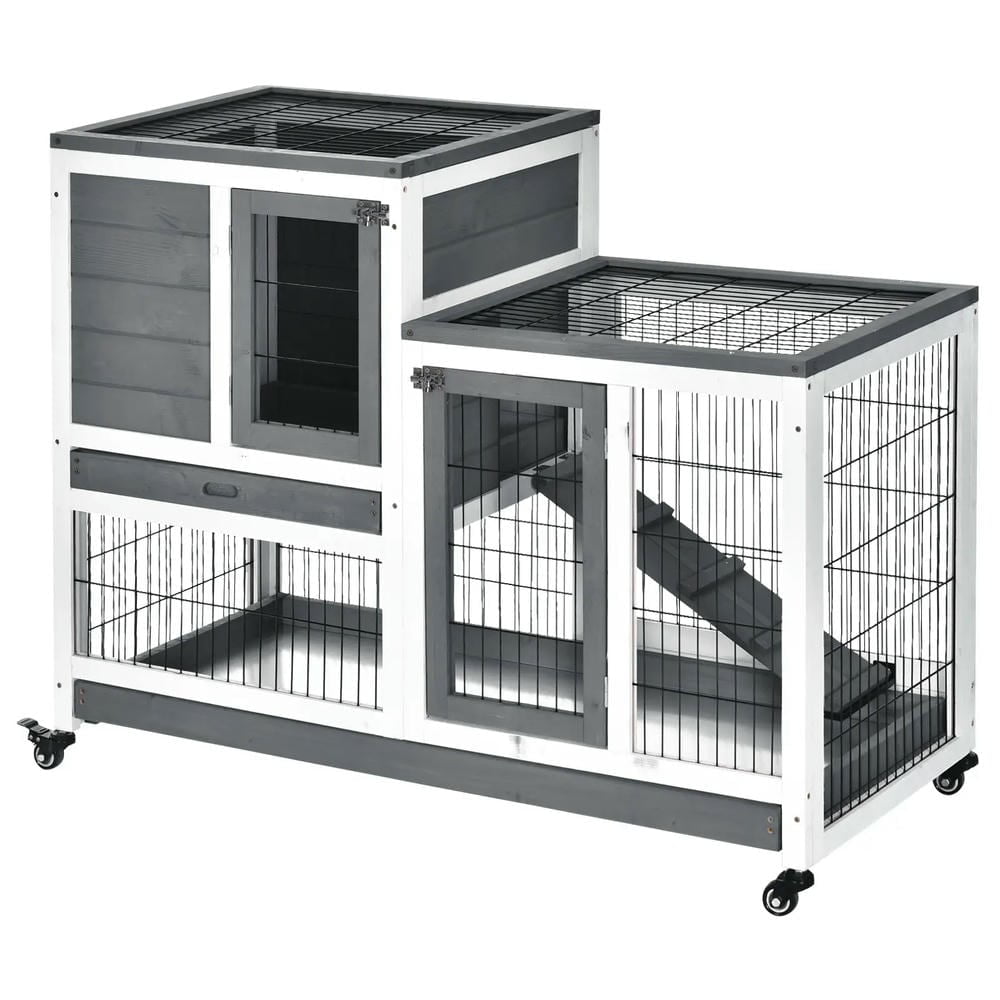 Canddidliike Wooden Rabbit Hutch, Small Animal Habitat with Enclosed Run with Wheels, Ramp, Removable Tray, Elevated Bunny Cage Ideal for Guinea Pigs, Grey
