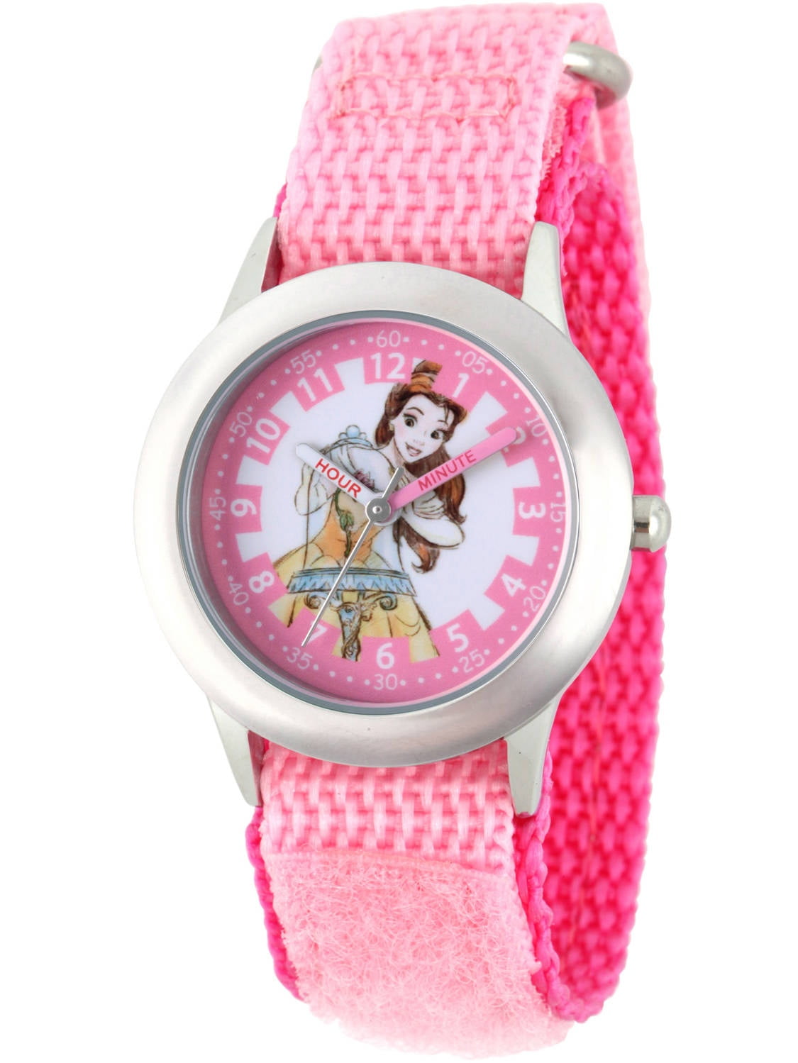 Princess Belle Girls' Stainless Steel Time Teacher Watch, Pink Hook and Loop Nylon Strap