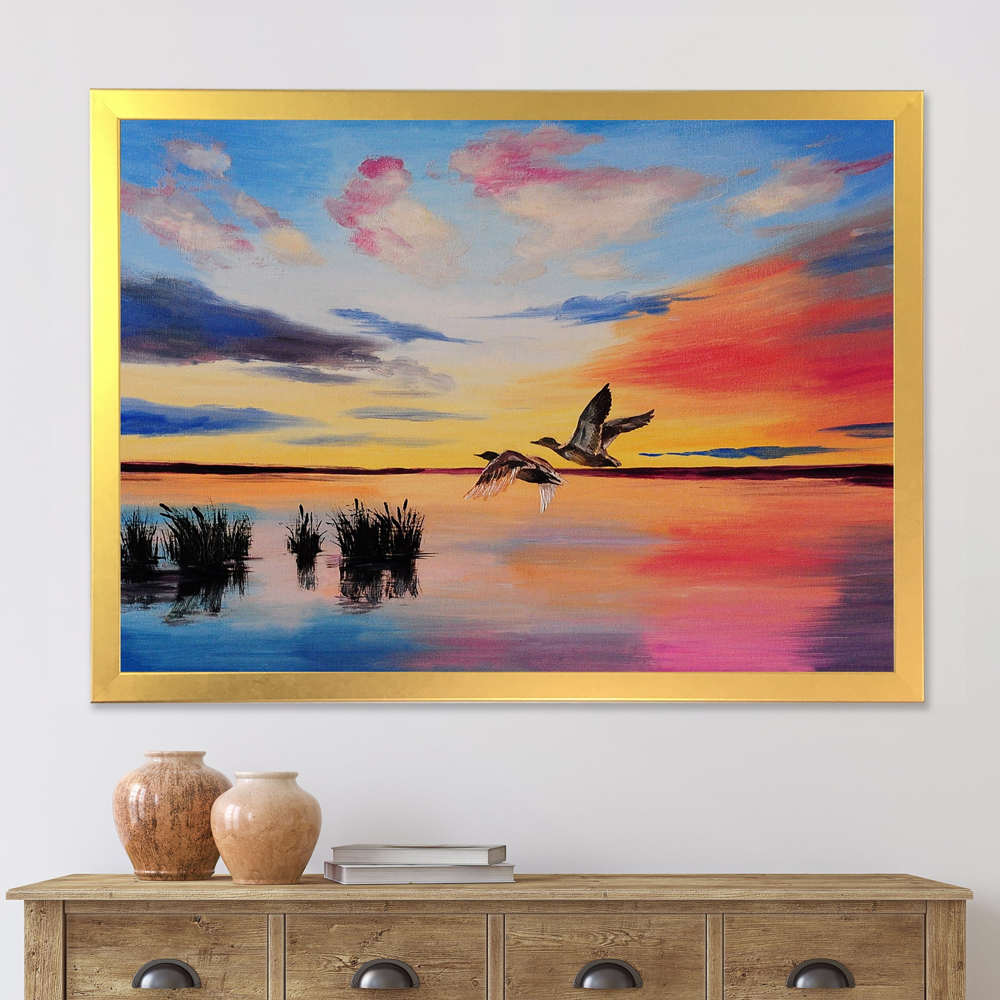Crane Birds Flying During Colorful Sunset 32 in x 24 in Framed Painting Canvas Art Print, by Designart