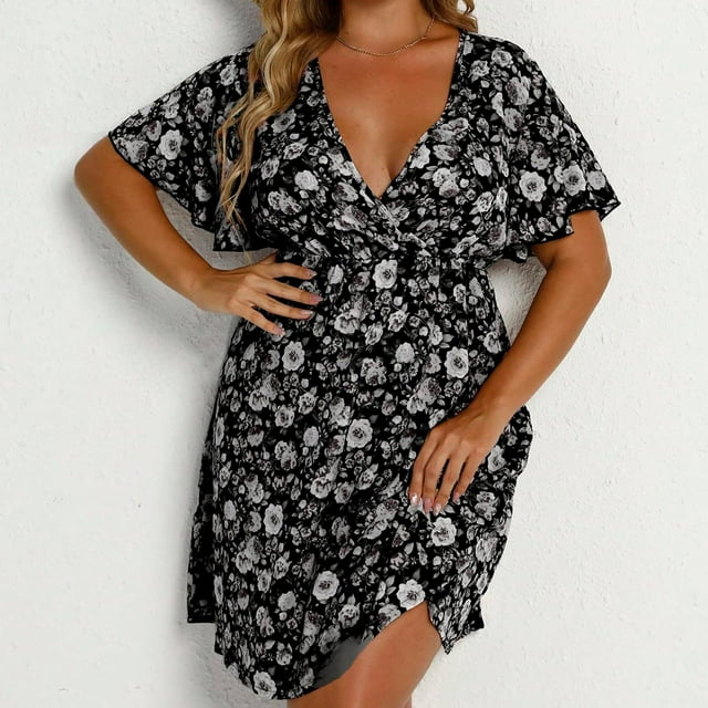 EGNMCR Robes de Vacances pour Femmes Grande Taille Été Décontracté Manches Courtes Col en V Imprimé Manches Robes Robe Ample