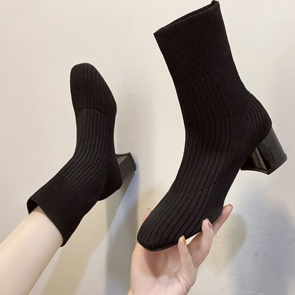 OUNONA 1 Pair Black Chunky Heel Boots for Women, Rubber Sole, Stylish Autumn Footwear