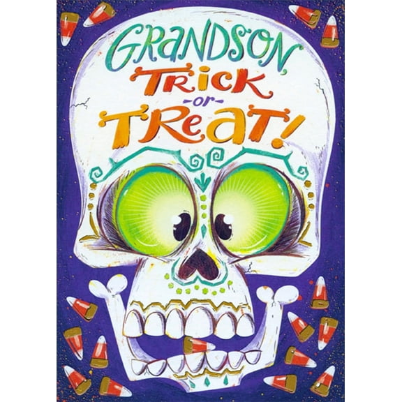 Designer Greetings Large Skull Biting Candy Corn Juvenile Halloween Card for Grandson