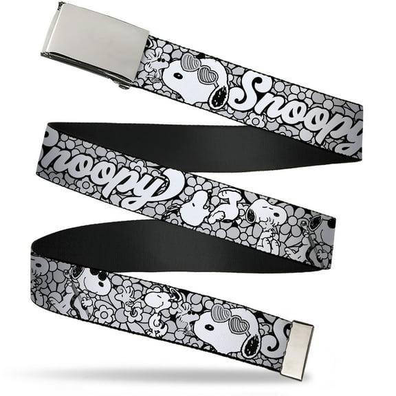 Adjustable Belt, Clamp Buckle, Cut-to-Fit, Snoopy Poses and Daisy Flowers Collage Black Grays White