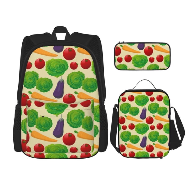 Disketp Vegetable Mochila Estampada de Gran Capacidad con Lonchera y Estuche, Set de 3 Piezas para Estudiantes