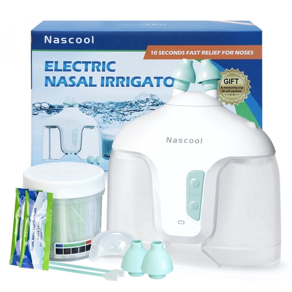 Nascool Nasal Irrigation System Electric Sinus Rinse Machine Nose Cleaner for Adult Sinus Symptoms Relief with 50 Saline Packets (White)