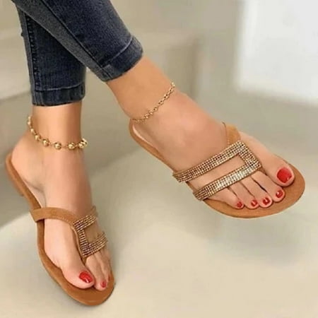 

Voncos Summer Slides- Summer Flat Bottom Shoes Rhinestone Flip-flops Women Flip Flops Casual Slippers Clearance Shoes Coffee 9
