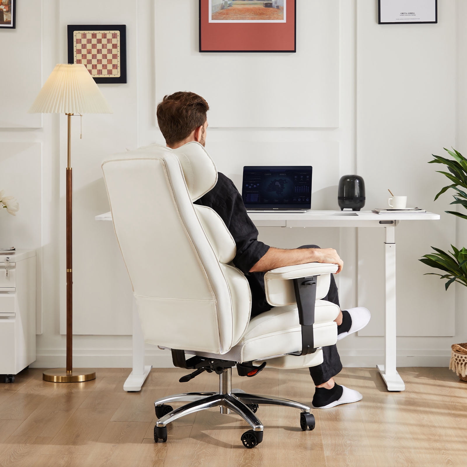 GIANNA Executive Home Office Desk Chair Ergonomic Big Tall High Back with Footrest & Lumbar Support, Reclining Height Adjustable Comfy PU Leather Computer Gaming with Swivel Wheels, White