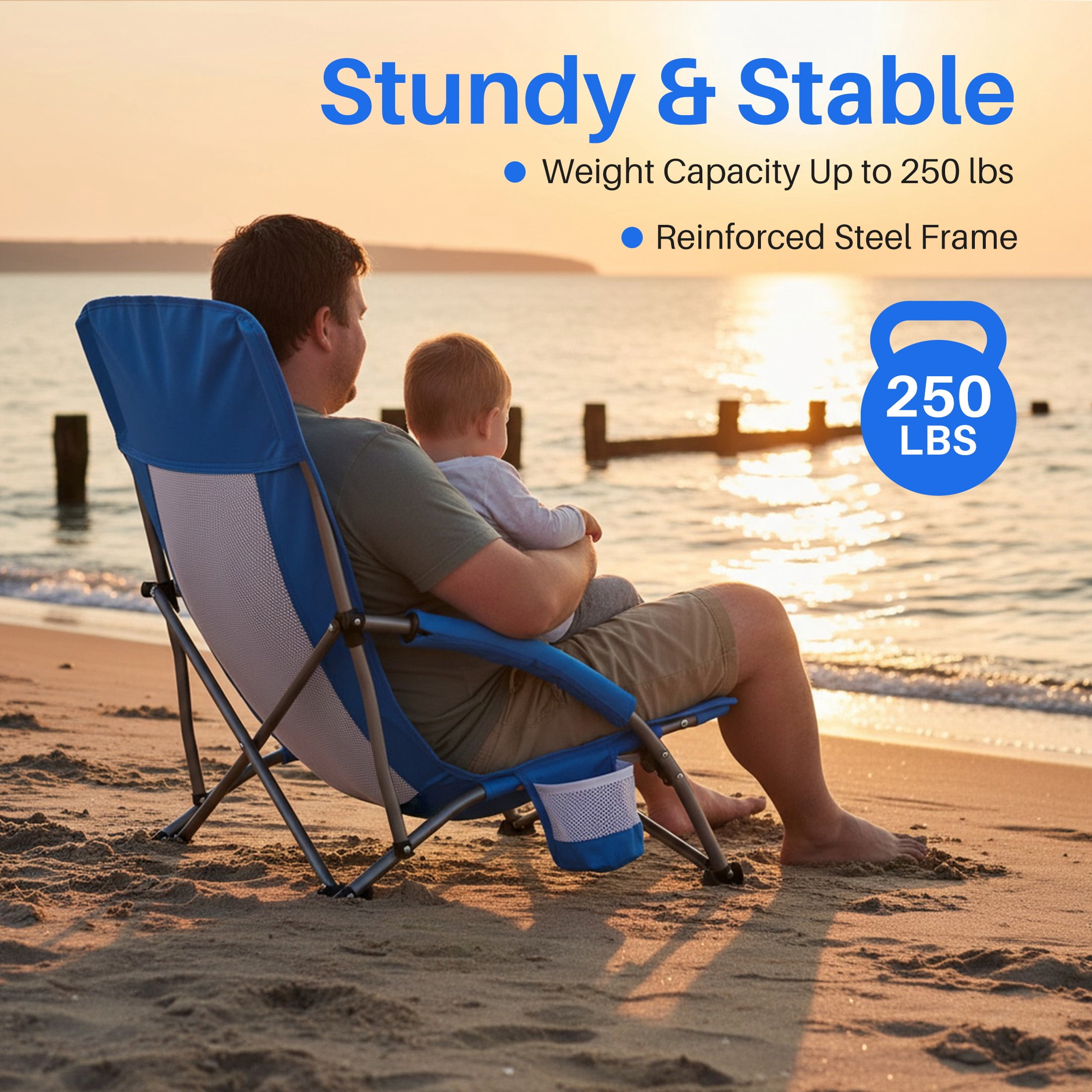 EDX Low Profile Camping Chair Portable Folding Beach Chair W/ Bag - Heavy Duty Breathable for Outdoor, Blue