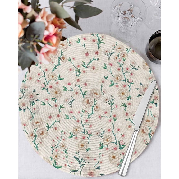 15 Inch Round Placemats Set of 4, Spring Floral Non Slip Heat Insulation PP Table Mats, Watercolor Flowers Leaves Tree Branches Beige Washable Place Mats for Kitchen Dining Party Table Decor
