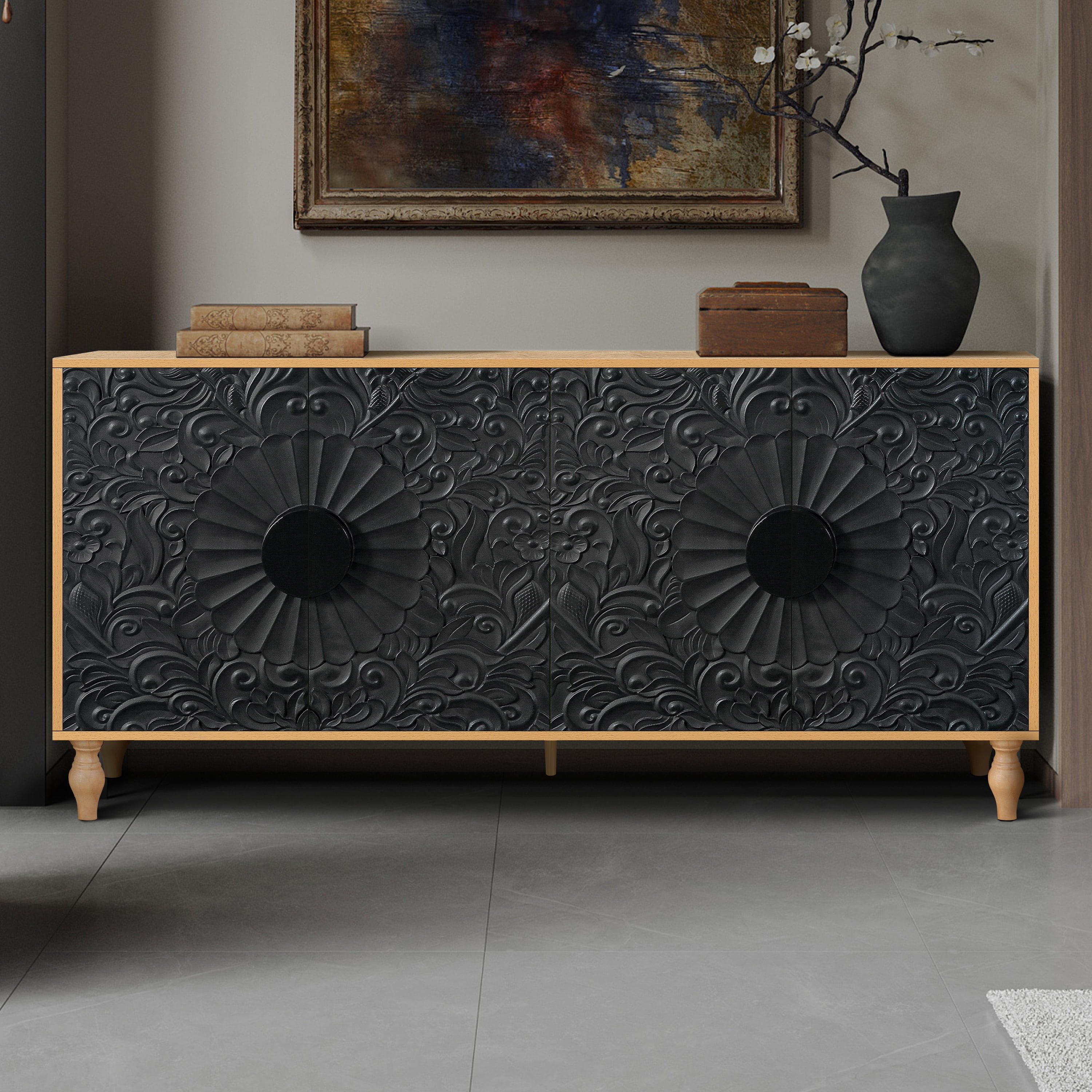 Aukfa 63" Large Accent Storage Cabinet TV Stand with Carved Door for Living Room,Entryway,Brown