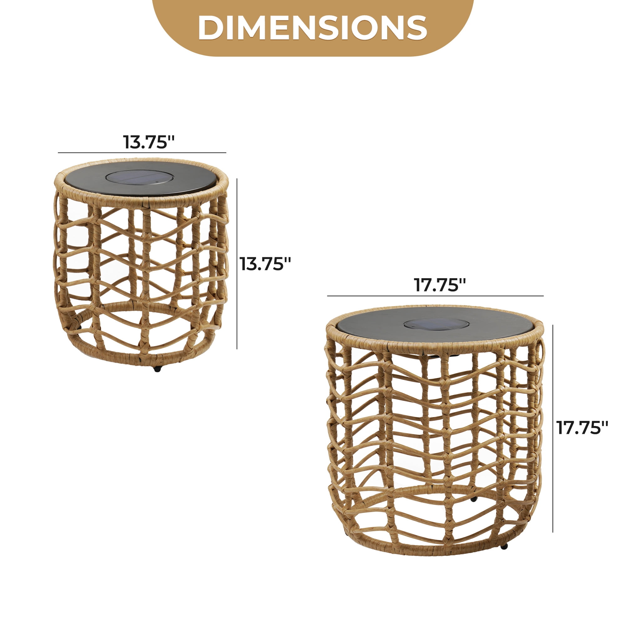 EVERITE Outdoor Wave Wicker End Tables Set of 2,Modern Boho Style with Built-in Solar Lights,Natural Brown
